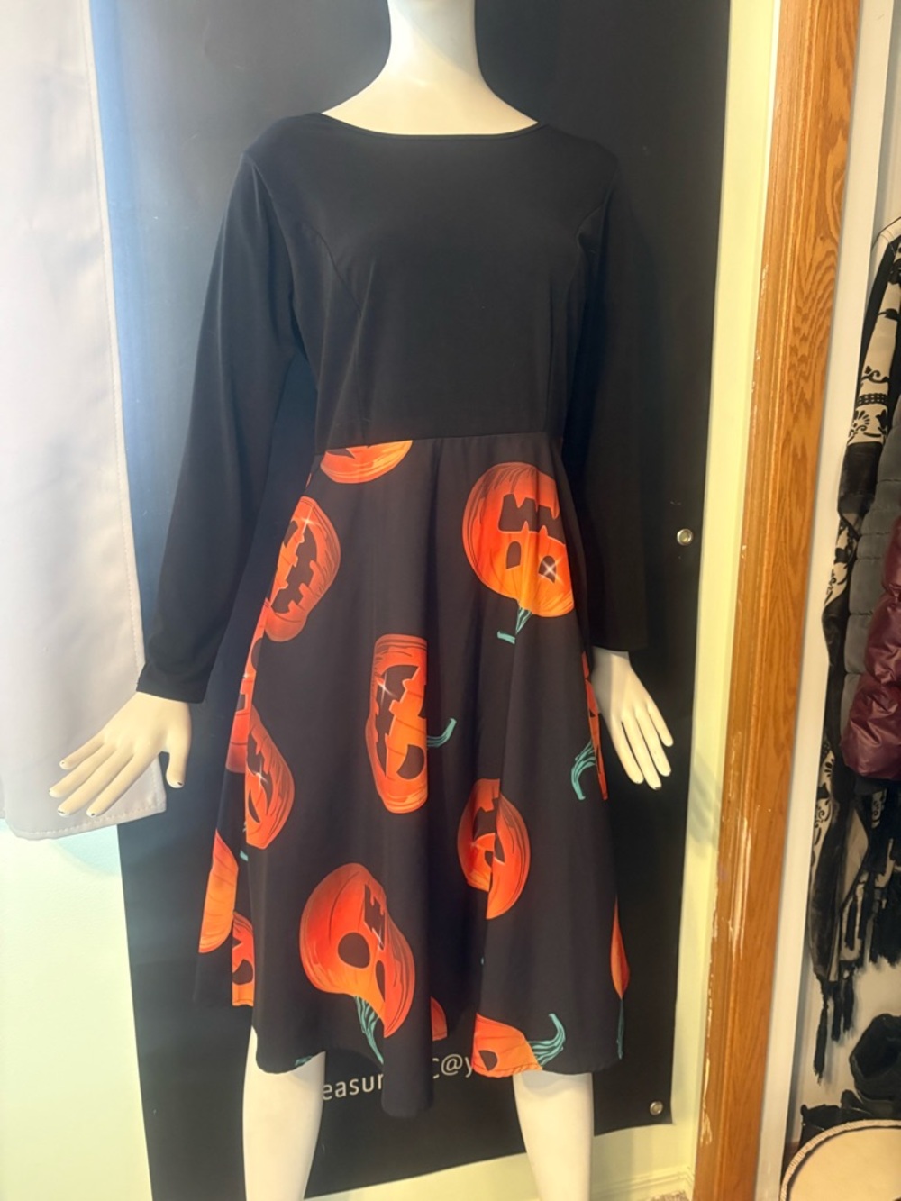 Halloween Black Pumpkin Print Long-Sleeve Fit & Flare Dress